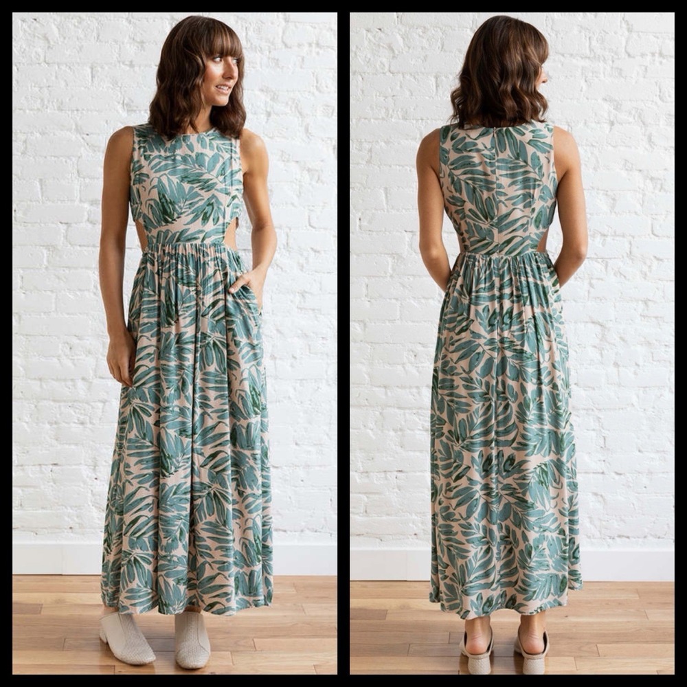 Miou Muse Leaf Cut Out Maxi Dress•Small Botanical Tropical Vacay Wedding Pockets